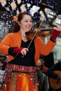 Members of The London Gypsy Orchestra on stage at Spitalfields.